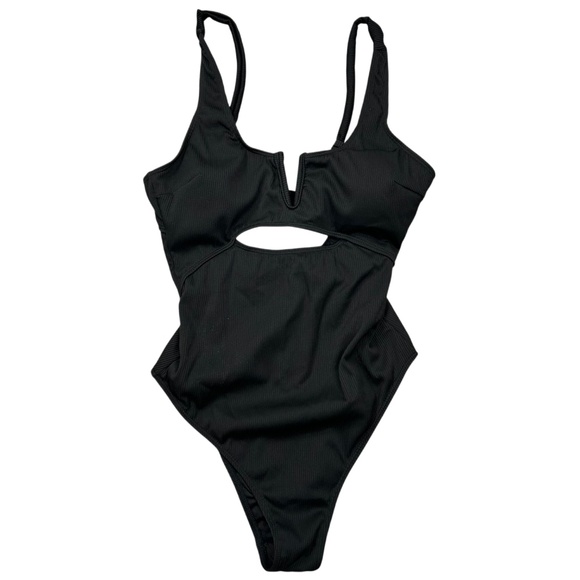 Popvil NWT Black Ribbed One Piece V-Neck Cut Out Front Swimsuit Size M - Picture 2 of 9